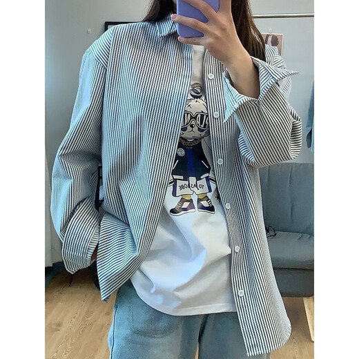 Digada retro striped long-sleeved shirt men's spring, autumn and winter new shirts for men and women, casual loose cardigan jacket ZSFS-C51 black L