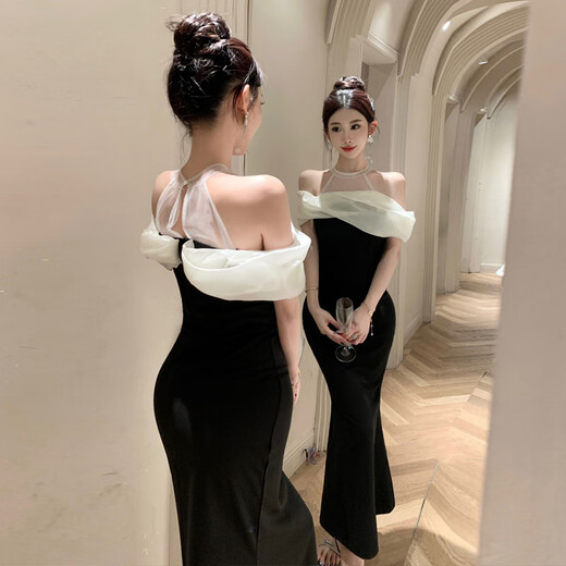 忆静萱（YIJINGXUAN）夜店港味感拼接网纱宴会礼服长裙高腰显身材法式鱼尾包臀连衣裙女 拼色 M 95-105斤