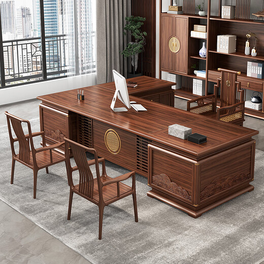 Xinshiya New Chinese Style Black Gold Boss Desk Chairman Manager Leader Desk President Solid Wood Executive Desk Solid Wood Furniture 2.8m Desk