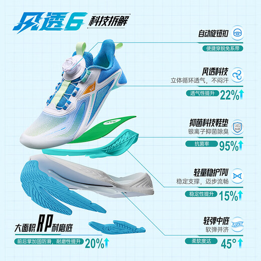 361 Wind 6.0 Chaussures de course pour enfants 25 Summer Boys and Girls Flexible Breathable Professional Sports Chaussures bleu 34