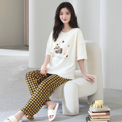 
Year of the Snake Year of the Nation Pajamas Women's Pure Cotton Summer Short Sleeve Trousers Red Loose Outdoor Outdoor Cotton Set YSH-687 L Code 100-120Jin [Jin equals 0.5 kg] Reservation shrinkage required