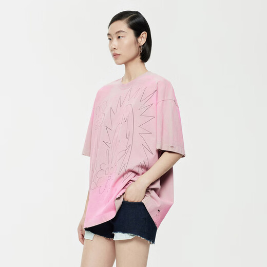 JNBY/Jiangnan cougar spring and summer T-shirt for women new Chinese Miao cartoon dragon round neck short sleeve casual simple 5O4112560 690/Mixed powder S