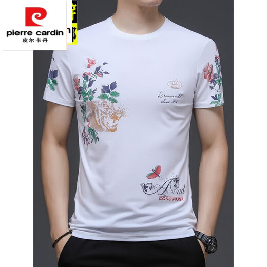 Pierre Cardin Mercerated Cotton Herren T-Shirt kurzärmelig runde Hals Tiger Kopfdruck Trendy Marke Frühling und Sommereis Seiden High-End-Top-Kleider 829# Black L 170