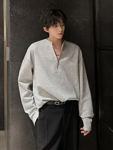 Tailored rain and rainbow American half-zip sweatshirt for men in autumn new style heavy long-sleeved T-shirt with bottoming henley shirt black black M 90-105Jin Jin is equal to 0.5 kg