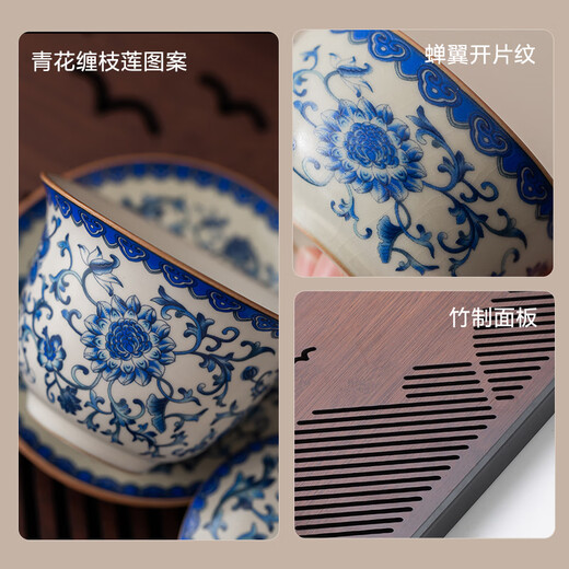 A complete set of tea sets made in Tokyo. Blue and white Ru kiln Kung Fu tea set. Blue and white tangled lotus 19-piece household tea set.