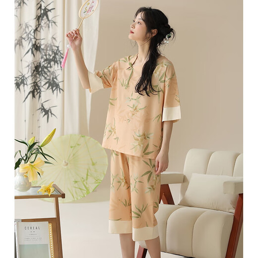 2025 new pajamas for women in summer short-sleeved suit for Chinese style knitted cotton cropped pants casual home clothes can be worn outside 9908 L [100-120Jin [Jin equals 0.5 kg]]