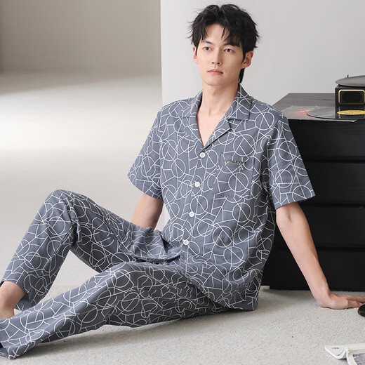 Pajamas de hombres de algodón puro de verano de yalu para hombres, estante de algodón de algodón fresco cómodos pantalones de manga corta, juego de dos piezas para ropa casera para usar afuera. Estilo: 09M9856 2XL Recomendado: 175-180 cm/70-80 kg