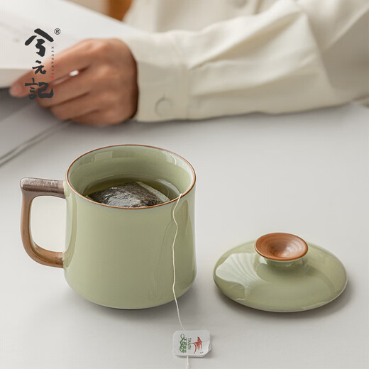 Xiyuanji Guanyao Ceramic Tea Cup Personal Office Tea Cup with Cover Mug High-end Ceramic Cup Beige Guanyao Song Water Cup-Simple Pack 350ml