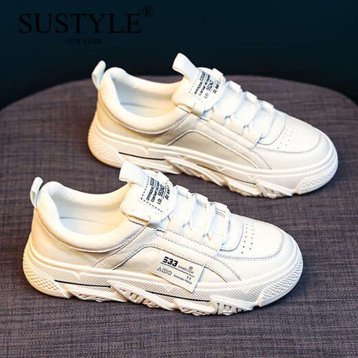 SUSTYLE奢侈高端品牌高档真皮鞋女2025春夏季新款运动休闲韩版百搭单鞋子 白色凉鞋 -1283 33