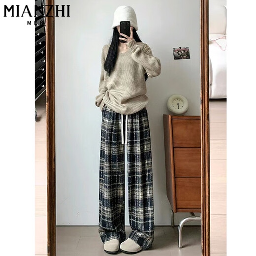 Pantalones a cuadros de algodón para mujeres en primavera y otoño Nuevo pantalones de deportes y casuales de cintura ancha y de otoño