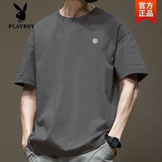 花花公子（PLAYBOY）短袖t恤男日系简约刺绣纯棉半截袖夏季新款宽松百搭潮流港风上衣 白色-1365袖短-100%纯棉高质量 S 【建议80-110斤】