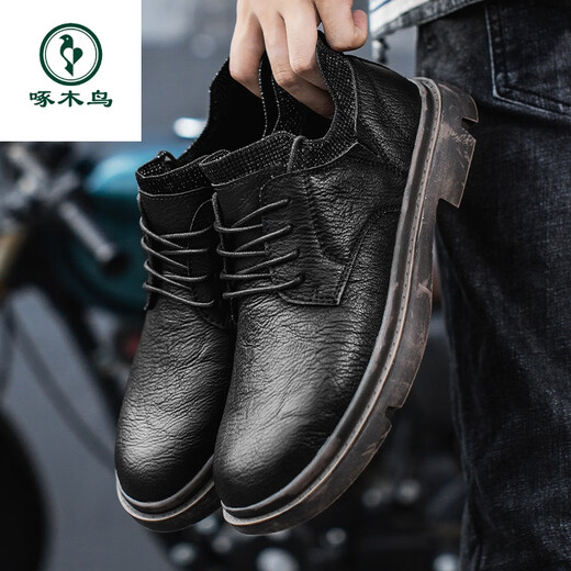 Woodpecker casual leather shoes British business formal wear men's shoes 2025 spring and autumn new trendy versatile retro socks genuine leather casual shoes black (9921) 39