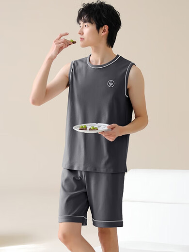 睡衣男夏季纯棉无袖背心夏天青少年大码男士薄款休闲家居服套装 YDY13658 XL码(推荐120-140斤) 均码