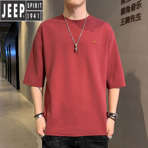 
JEEP SPIRIT 7-quarter sleeve men's short-sleeved T-shirt 2025 summer new round neck loose fit embroidered mid-sleeved trendy brand ins half-sleeved QD659 white XL