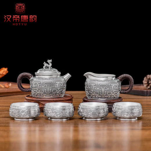 
Yilu Yafu handmade silver pot sterling silver 999 teapot home office living room tea room Kung Fu teapot tea set tea set tea utensils one pot four cups one common cup 695 grams + certificate