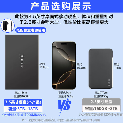 小盘(XDISK)3TB移动硬盘USB3.1桌面硬盘TypeC外接电脑电视游戏硬盘金属3.5英寸硬盘家庭数据仓库