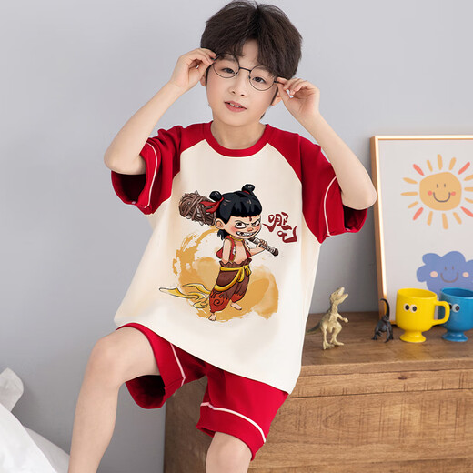 Taiyi Real Boy Pyjamas Sommer kurzärmelig mittelgroße Kinder-Kinder-Teenager 2025 Neue Baumwollkleidung für Kinder [100% reine Baumwolle] YM-694 Nezha 140 [16 Größen] Empfohlene Höhe 133-143 cm