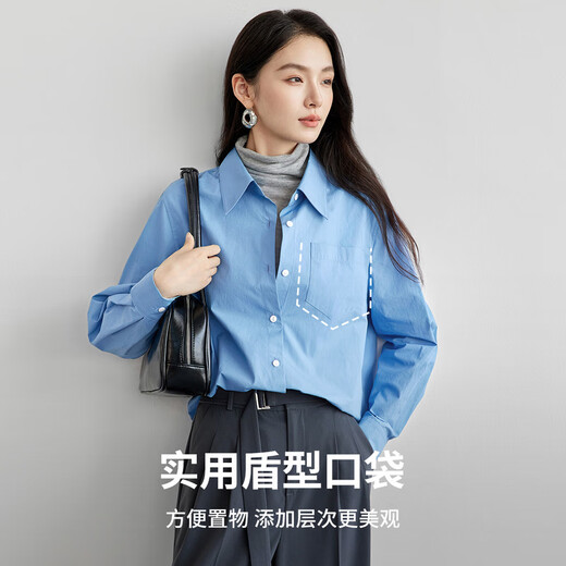 Chandubila 100% Cotton College Style Shirt Women's New Year Comfortable Long Sleeve Top Loose Casual Shirt Blue L