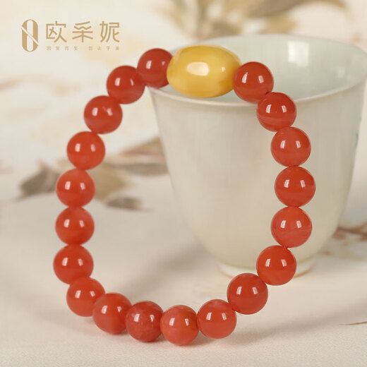 OUCERNY Yangliu Nan Red Agate Bracelet Buddha Bead Full Flesh Persimmon Red Duobao Bracelet for Men and Women with Styled Beeswax Pendant