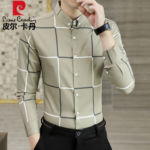 
Pierre cardin spring and autumn high-end plaid casual shirt men's long-sleeved thin shirt business slim-fit trendy shirt 9922 khaki XL (120-135Jin[Jin equals 0.5 kg])