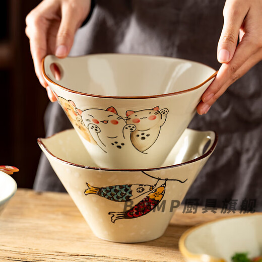 BOMP ceramic holed bamboo hat bowl Japanese retro ramen bowl underglaze color instant noodle bowl cold vegetable noodle bowl red head fish