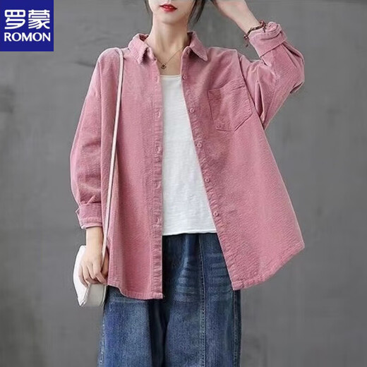 ROMON 2026 Literary Retro Corduroy Long Sleeve Shirt Women's Outerwear Versatile Casual Shirt New Autumn Velvet Top Pink M Recommended 90-110Jin Jin equals 0.5 kg