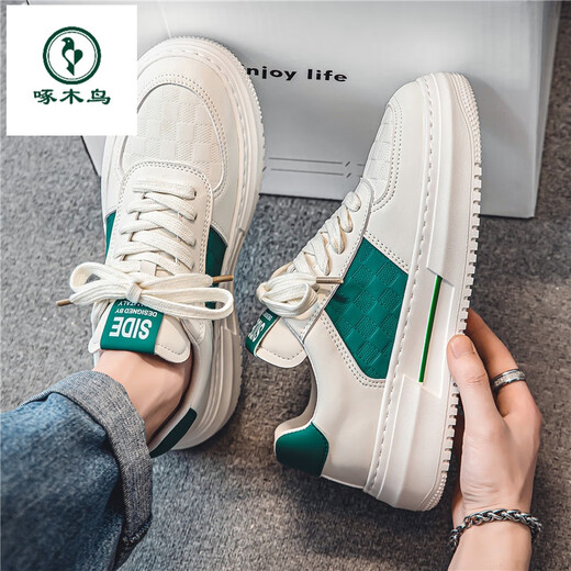 Woodpecker White Men's Shoes 2025 New Spring and Autumn Teenagers Thick Sole Casual White Shoes Feeling Versatile Sports Board Shoes 9906 White Green 39 (245mm)