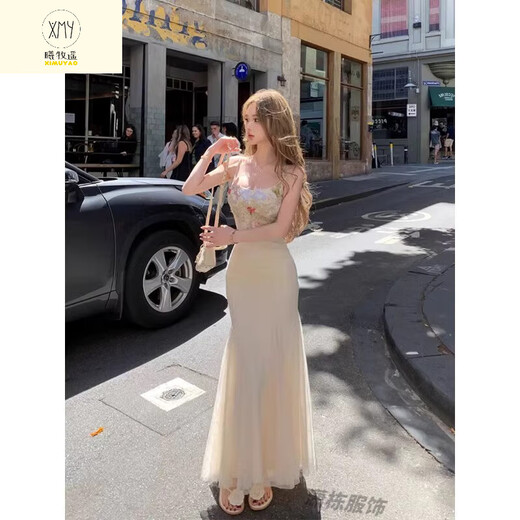 Ximu Yao Französisch Pure Desire Mesh Schlinge Kleid für Frauen Sommertemperament Taille-Huging Slim Hip Fish Tail Long Rock von Weiß [Nischenkleid/einfach und großzügig S