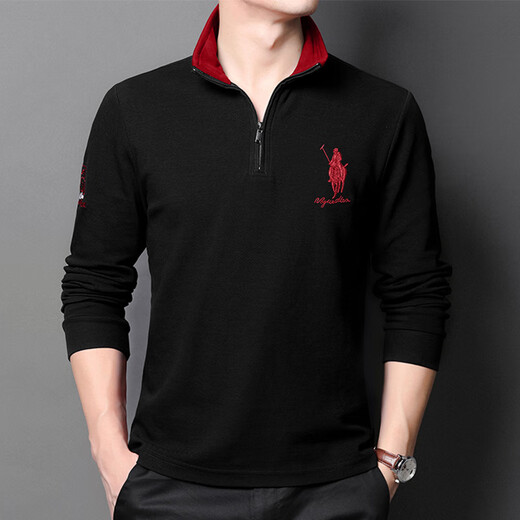 Aemape High-End-Herren-Langarm-T-Shirt Vaters Frühlings- und Herbstpolo-Hemd reiner Baumwoll-Sweatshirt-Halsband-Basishemd 6625 Schwarz [reines Baumwoll] M /165 [95-115jin [Jin gleich 0,5 kg]]