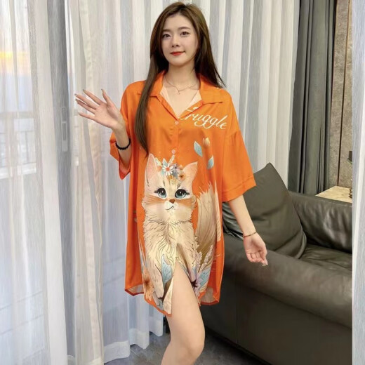 冰丝睡裙女士夏季2025年新款衬衫裙睡衣性高级感高颜值时尚家居服 橘色猫咪719 L 【110-130斤】