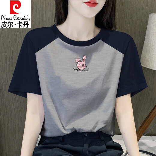 Pierre cardin retro raglan women's short-sleeved T-shirt 2025 summer new pure cotton t-shirt design niche top fashionable and slim 1476 flower gray/rotto blue raglan short-sleeved (black XL