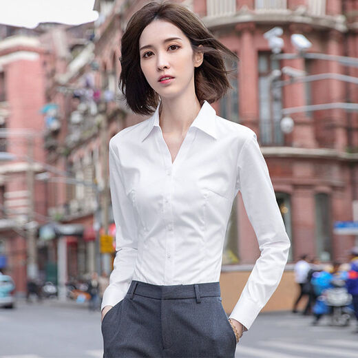 Libiji Spring and Autumn New White Shirt Women's Long Sleeve V-neck White Shirt Western Style Professional Workwear Formal Blue Work Clothes White V Long Sleeve XL115-130Jin Jin is equal to about 0.5 kg