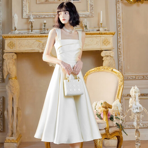 Satin mini dress, women can usually wear French style certificate dress, simple temperament, noble lady's high-end evening dress, white XS