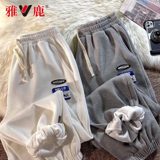 雅鹿华夫格长裤卫裤男春季舒适男裤男士潮牌ins动漫印花休闲港风宽松 B3881黑色 3XL