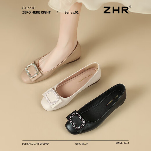ZHR单鞋女一脚蹬浅口通勤女鞋平底减龄夏季船鞋女 AH613 米色 37