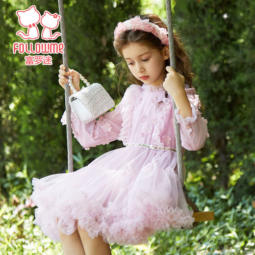 Fuluo Mi Girls Dress Spring and Autumn Sweet and Fashionable Little Girl Mesh Princess Dress Pink 130