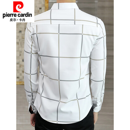 Pierre Cardin Spring y Autumn Plaid Camiseta informal de la camisa delgada de manga larga de la manga larga Negocio Slim Fit Trendy Knit 9922 White M (90-105Jin [Jin equivale a 0.5 kg])