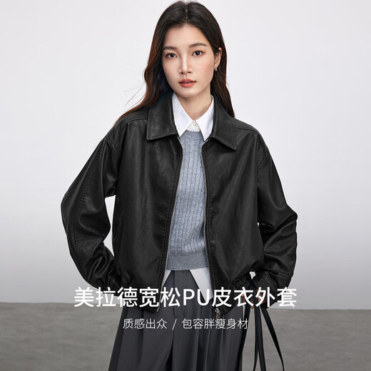 Shangdubila City Pendler PU Leder Kleidung Frauen Frühling Lose Slim Jacket Revers Lose Lokomotive Jacke Schwarz L.