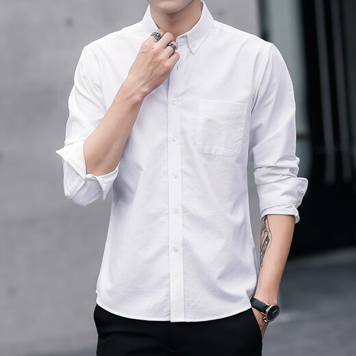 YOOOURTHING Oxford solid color long-sleeved shirt men's spring and autumn new business casual slim white shirt commuting tops white 2XL recommended 125-145Jin Jin equals 0.5 kg