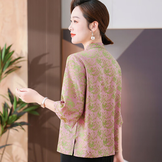 ROAR UTHAUG新中式妈妈上衣洋气小衫2025夏季新款中老年国风气质宽松T恤女 9902绿色 XL 建议90-110斤