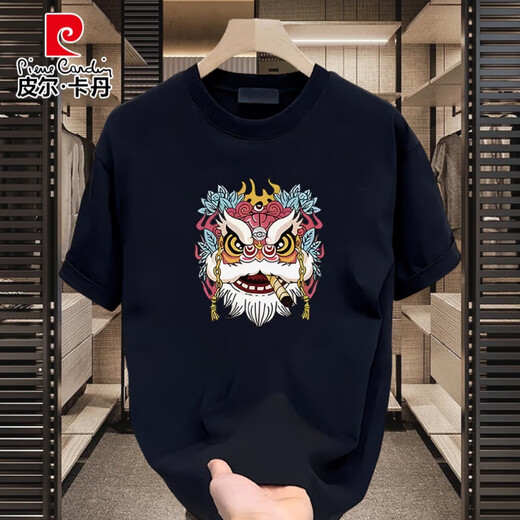 
Piercadan National Trend Heavy Cotton Short-Sleeve T-Shirt Men's 2025 New Loose and All-Match Round Neck Top for Men Black [K963 Lion Dance] S S Recommended 90-100Jin [Jin equals 0.5 kg]