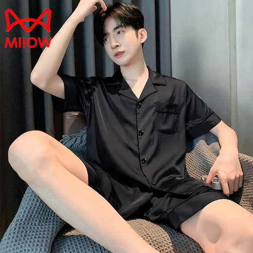 Catman (MiiOW) new men's pajamas summer short-sleeved pants solid color black summer thin boys ice real silk home clothing set G723 2XL (height about 180 and weight 150-175