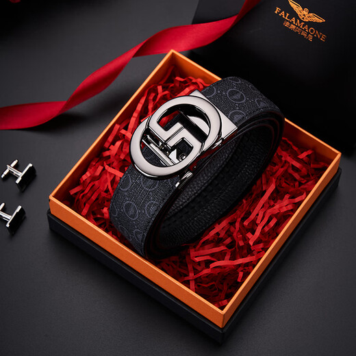 FALAMAONE品牌真牛皮男士皮带情人节裤腰带时尚商务潮流男友父亲节生日礼物 PD844枪色合金带扣 印花皮带【木盒包装】
