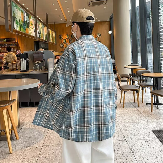 美式长袖衬衫男生春夏季宽松翻领格子衬衣复古潮流休闲百搭外套男 CRYZ687黄色 3XL