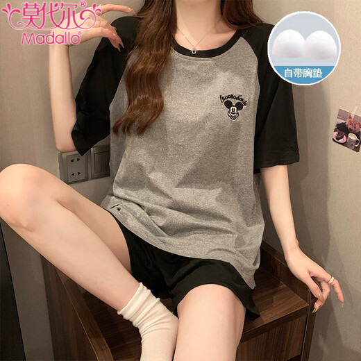 莫代尔睡衣女士夏季短袖带胸垫一体式家居服宽松大码休闲新款套装可外穿 12347 满铺小狗 带胸垫 M