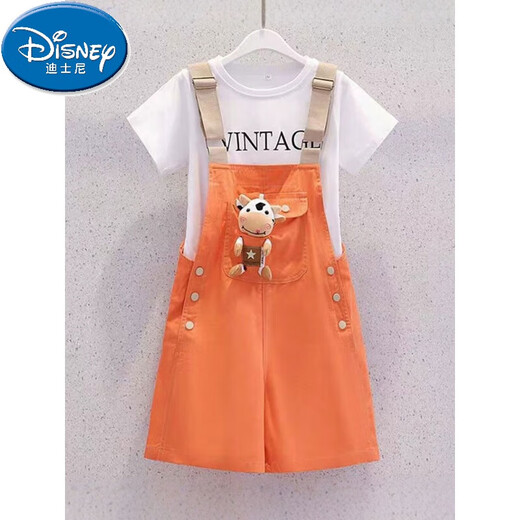 Disney Girls Kurzärärmungsanzug Sommer 2025 Neue Kinder mit mittlerer Ärmel Casual Little Girl Mode-Gurt-Shorts T-Shirt Khaki (Kurzärärmelte + Overalls) 150 Empfohlene Höhe von 145 cm