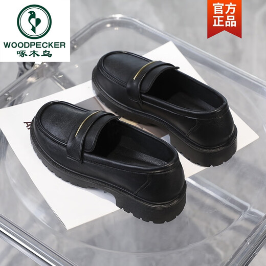 Woodpecker Cuir souple Small Size Chaussures pour femmes 2025 Spring and Automne Nouveau style sans grincement 33 Travail 34 Loafer Petits chaussures en cuir noir [675 quatre feuilles] 30