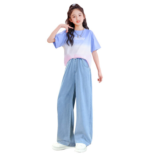 McTicco女童夏季套装儿童2025新款夏装多巴胺大童洋气时髦短袖夏天两件套 15013蓝色+9922白色 160 160cm