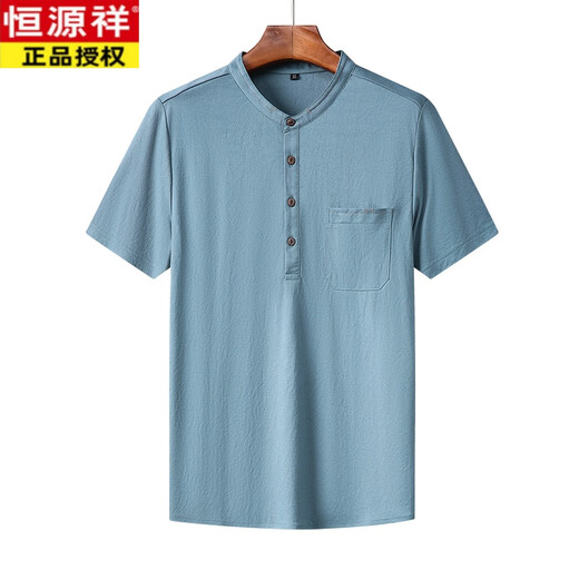 恒源祥夏季冰丝立领短袖t恤男带扣有口袋上衣中年爸爸装仿亚麻半袖男装 黑色-6231 XL 175