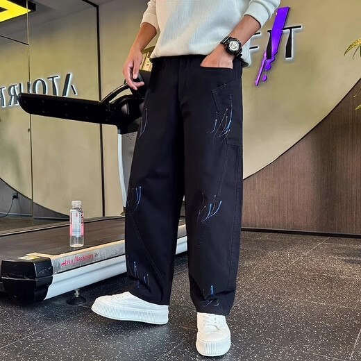 Kuraishi Kazuki trendy graffiti scimitar pants men's handsome loose straight pants 2025 new high-end men's casual pants spring and autumn black L 120-140Jin Jin equals 0.5 kg